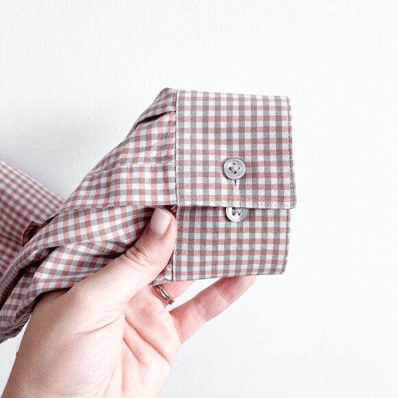 Calvin Klein Mens Slim Fit Collared Dress Shirt Checked Gray Pink Size Medium - Picture 7 of 9